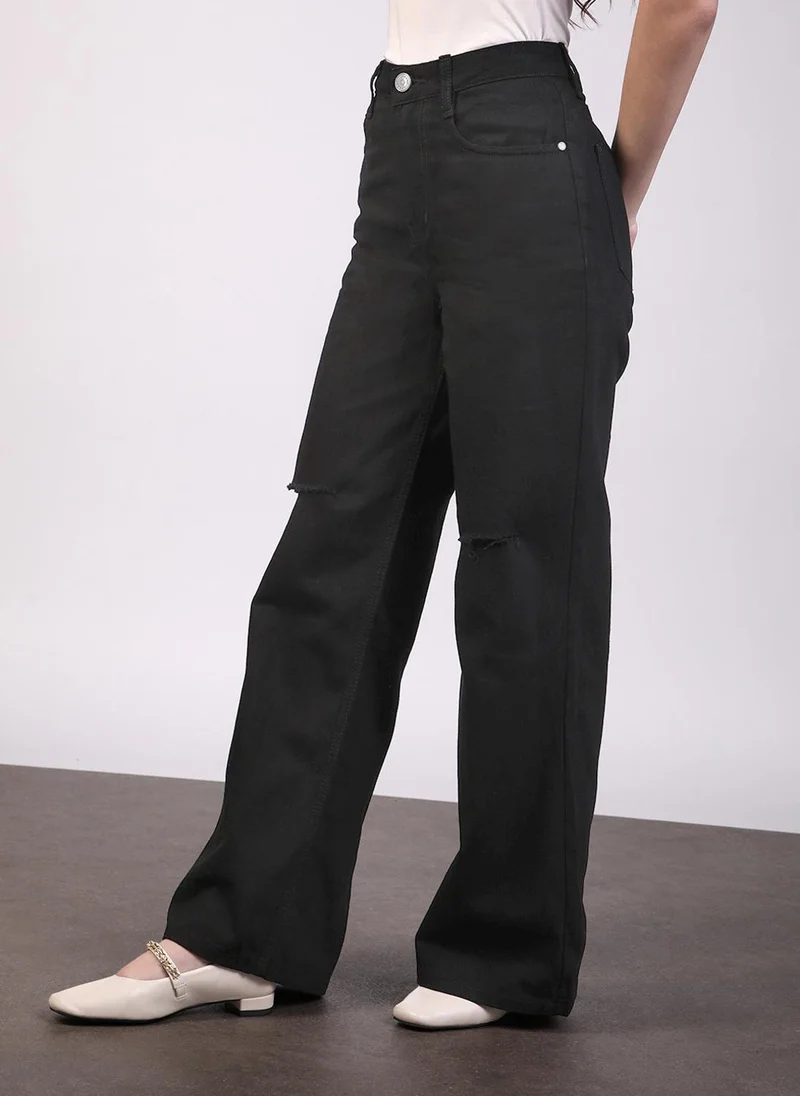 Urbano Fashion  Urbano Fashion Women's Black Regular Fit Wide Leg Mild Distressed/Knee Slit Washed Jeans for Women | Best Price UAE